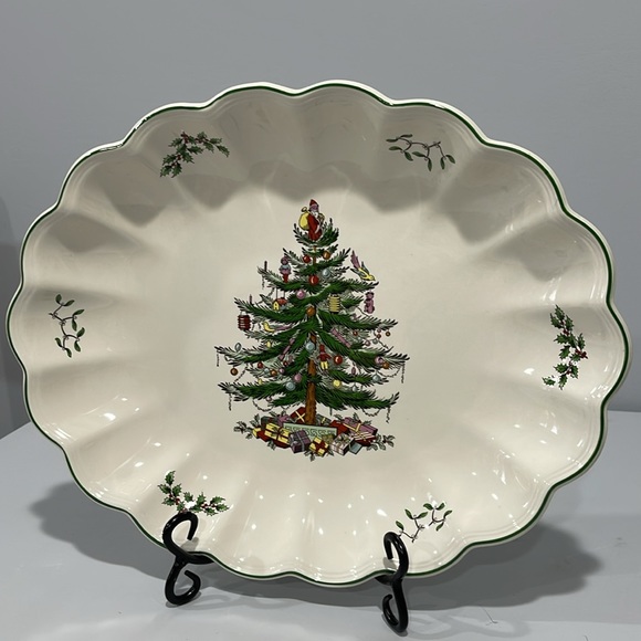 Spode Christmas Tree 15" Oval Fluted Serving Dish platter made in England - Picture 3 of 14